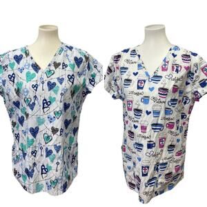 Lot of 2 24/7 Comfort Womens Large Cotton Blend Love Coffee V-Neck Scrub Tops